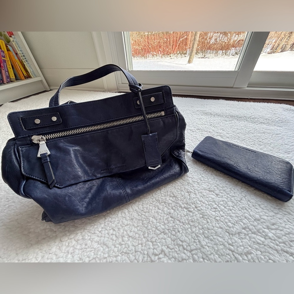 Designer Aimee Kestenberg Navy Soft Leather Hobo Handbag Satchel and Wallet Set